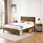 Struttura letto a piattaforma in metallo nero con testiera effetto legno, matrimoniale/queen-size, 2 persone