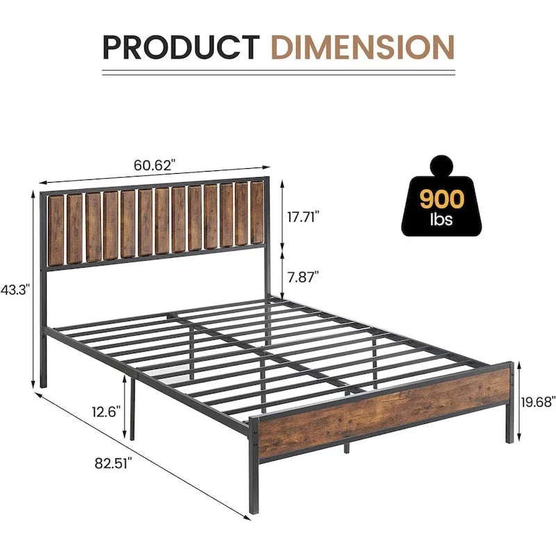 Struttura letto a piattaforma in metallo nero con testiera effetto legno, matrimoniale/queen-size, 2 persone