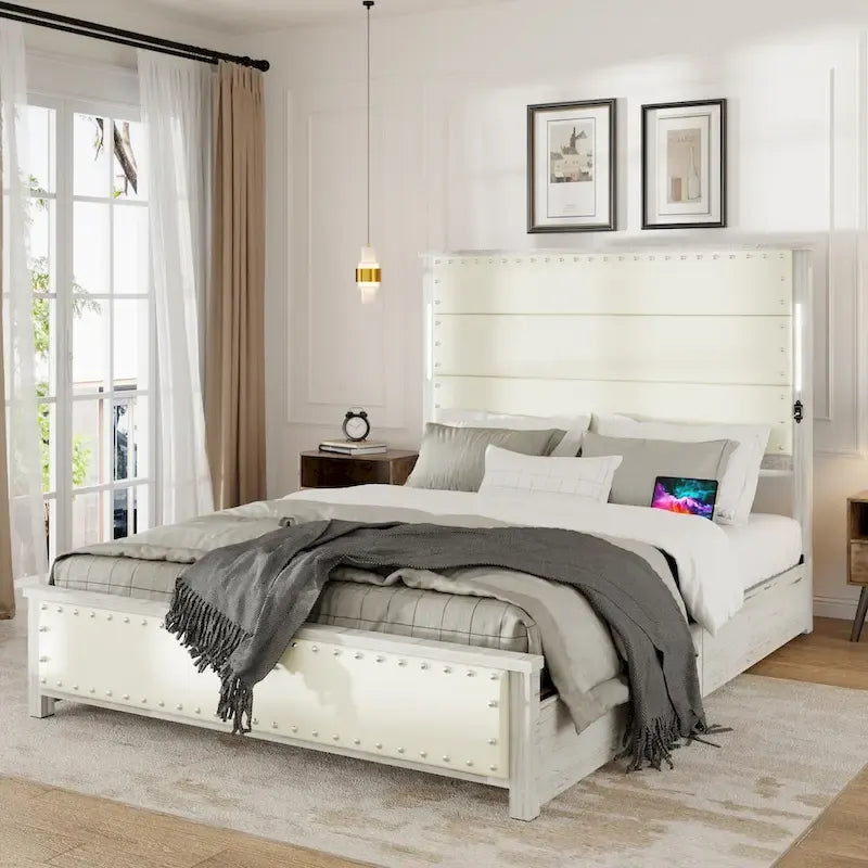 Struttura letto a piattaforma in ecopelle grigio scuro con luci a LED e cassetti portaoggetti – Queen/King