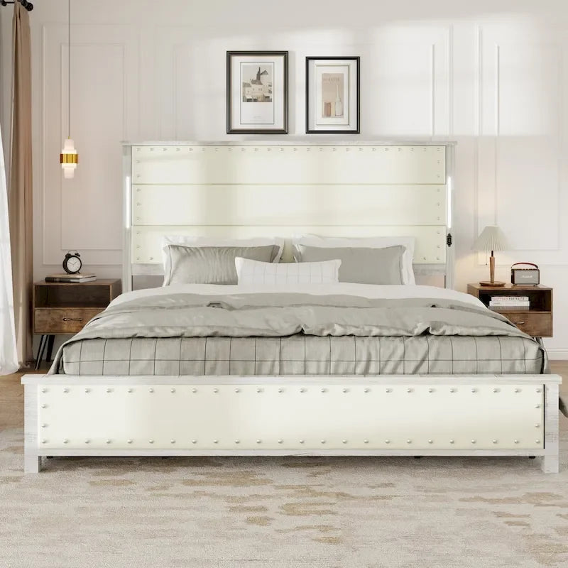Struttura letto a piattaforma in ecopelle grigio scuro con luci a LED e cassetti portaoggetti – Queen/King