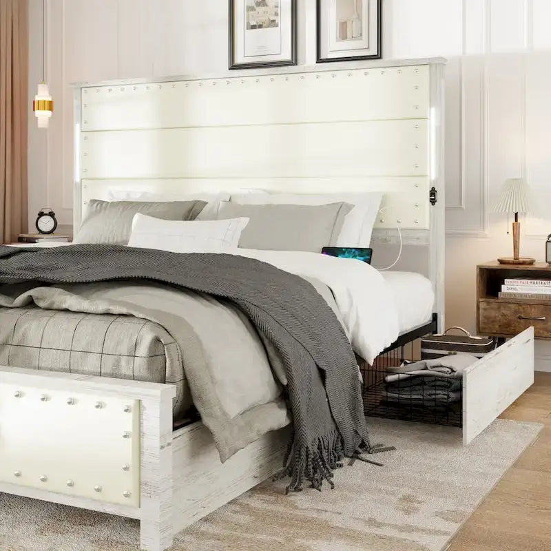 Struttura letto a piattaforma in ecopelle grigio scuro con luci a LED e cassetti portaoggetti – Queen/King