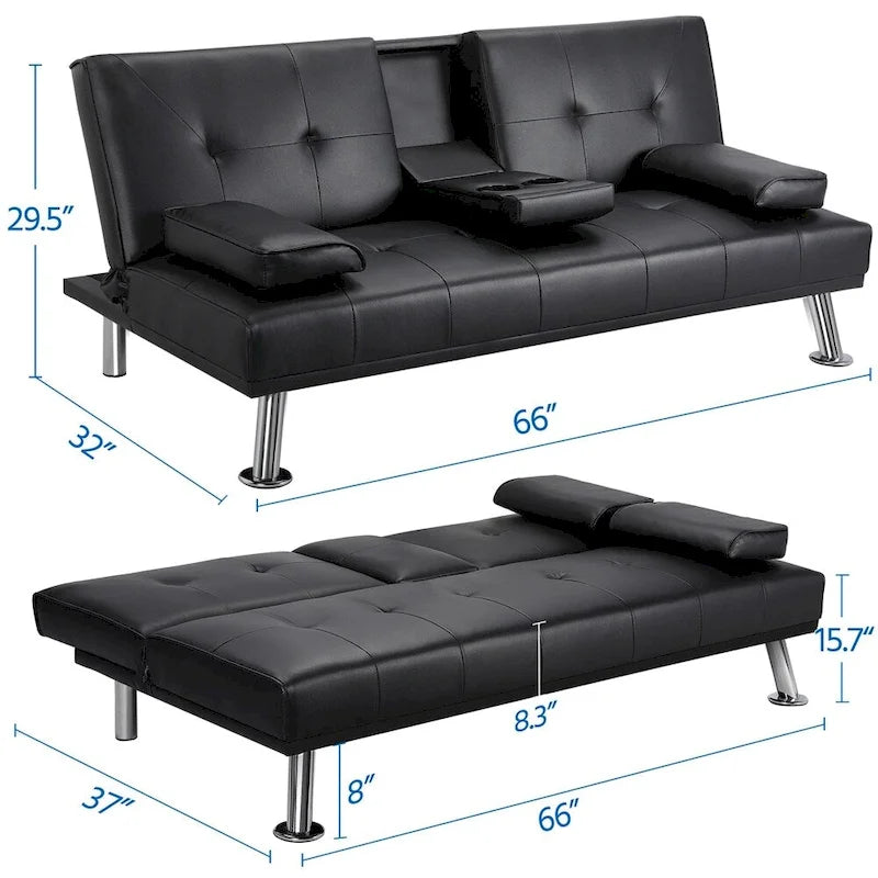 Divano letto futon in ecopelle, reclinabile, 3 posti – Nero / Marrone / Grigio / Espresso / Bianco
