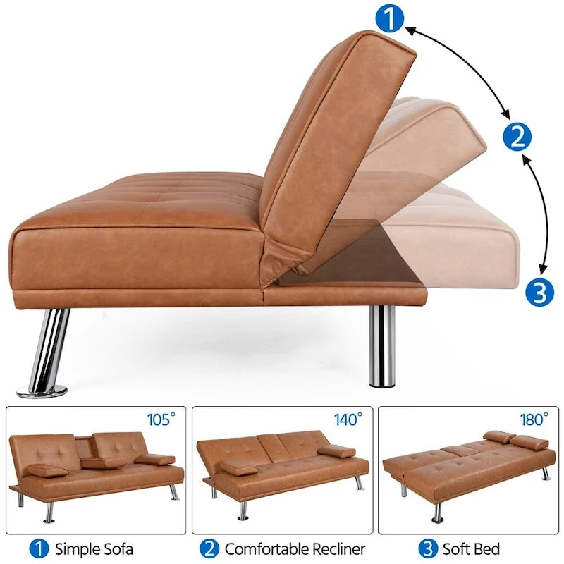 Divano letto futon in ecopelle, reclinabile, 3 posti – Nero / Marrone / Grigio / Espresso / Bianco