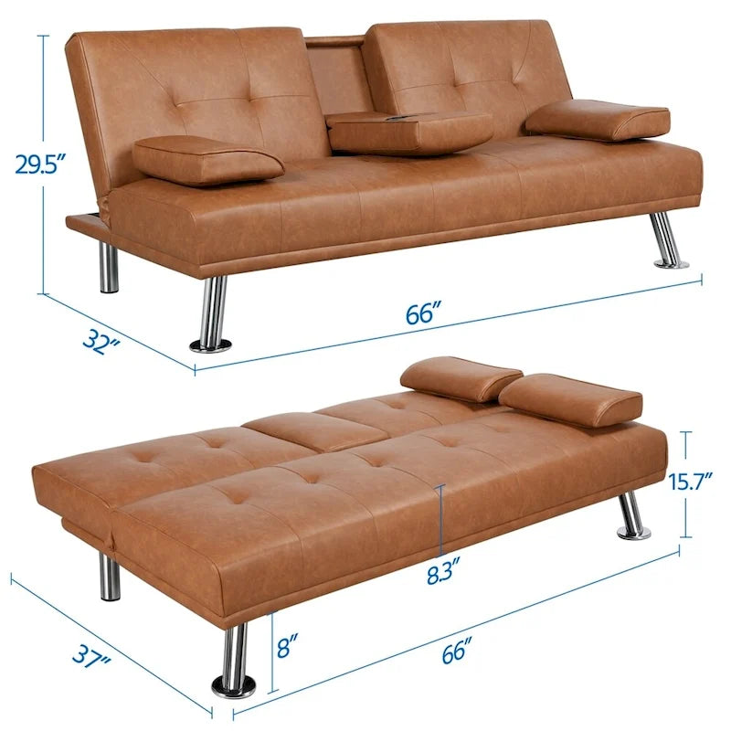 Divano letto futon in ecopelle, reclinabile, 3 posti – Nero / Marrone / Grigio / Espresso / Bianco