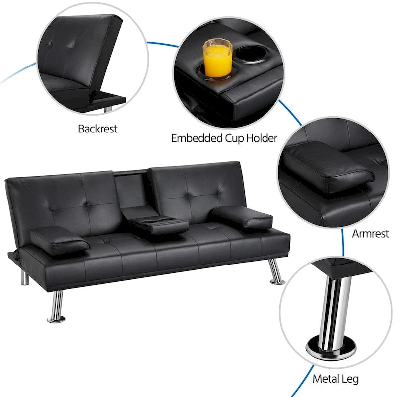 Divano letto futon in ecopelle, reclinabile, 3 posti – Nero / Marrone / Grigio / Espresso / Bianco