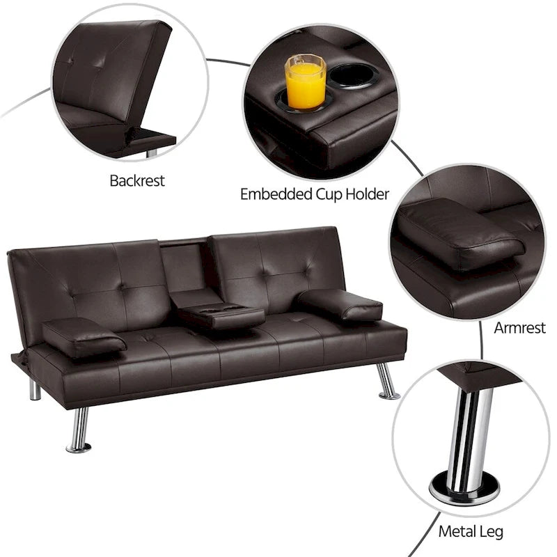 Divano letto futon in ecopelle, reclinabile, 3 posti – Nero / Marrone / Grigio / Espresso / Bianco