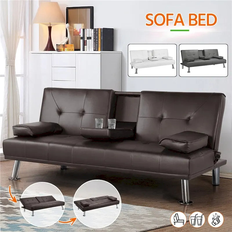 Divano letto futon in ecopelle, reclinabile, 3 posti – Nero / Marrone / Grigio / Espresso / Bianco