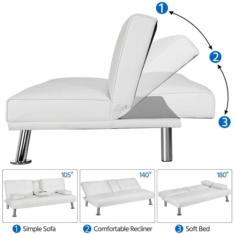 Divano letto futon in ecopelle, reclinabile, 3 posti – Nero / Marrone / Grigio / Espresso / Bianco