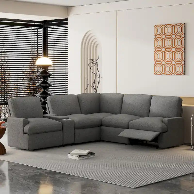 Divano componibile reclinabile elettrico a L grigio scuro/beige, 4 posti