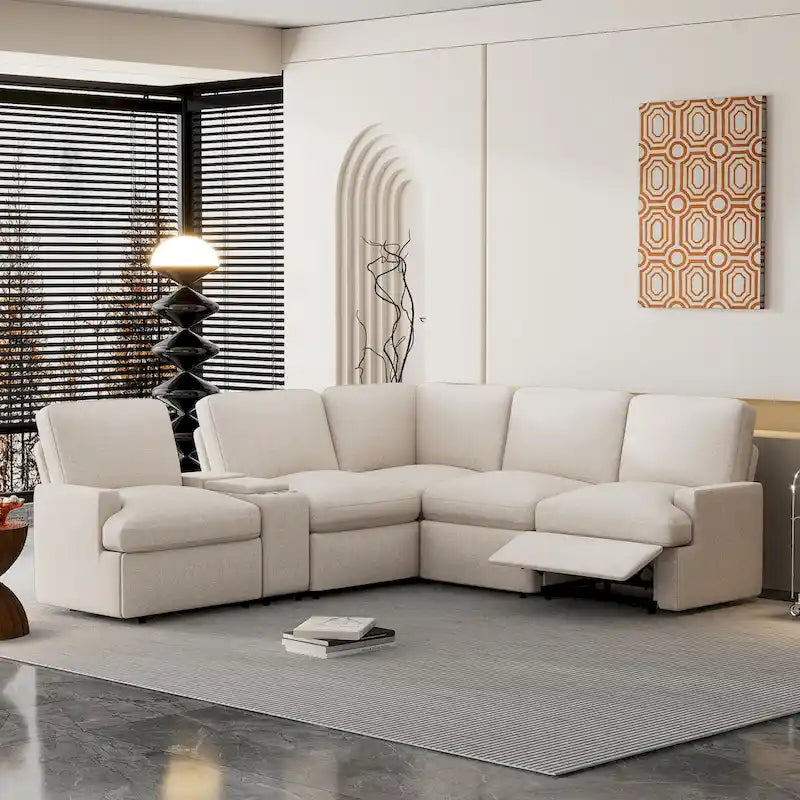 Divano componibile reclinabile elettrico a L grigio scuro/beige, 4 posti