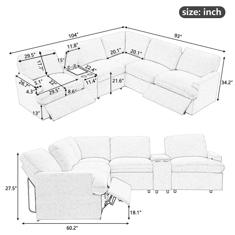 Divano componibile reclinabile elettrico a L grigio scuro/beige, 4 posti