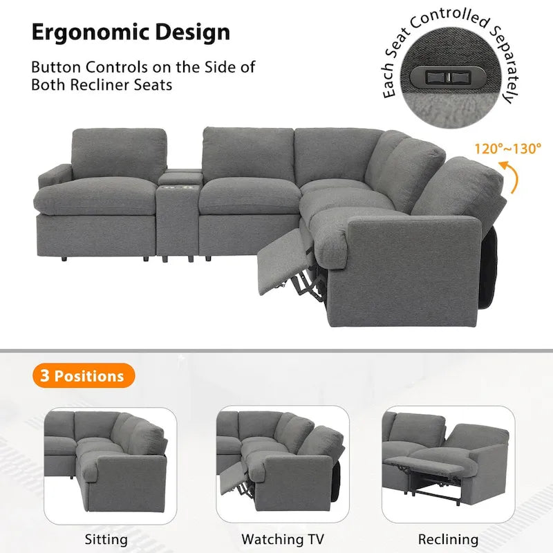 Divano componibile reclinabile elettrico a L grigio scuro/beige, 4 posti