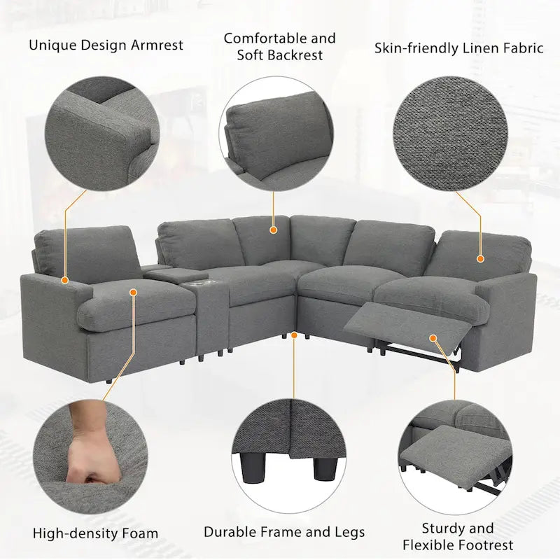 Divano componibile reclinabile elettrico a L grigio scuro/beige, 4 posti