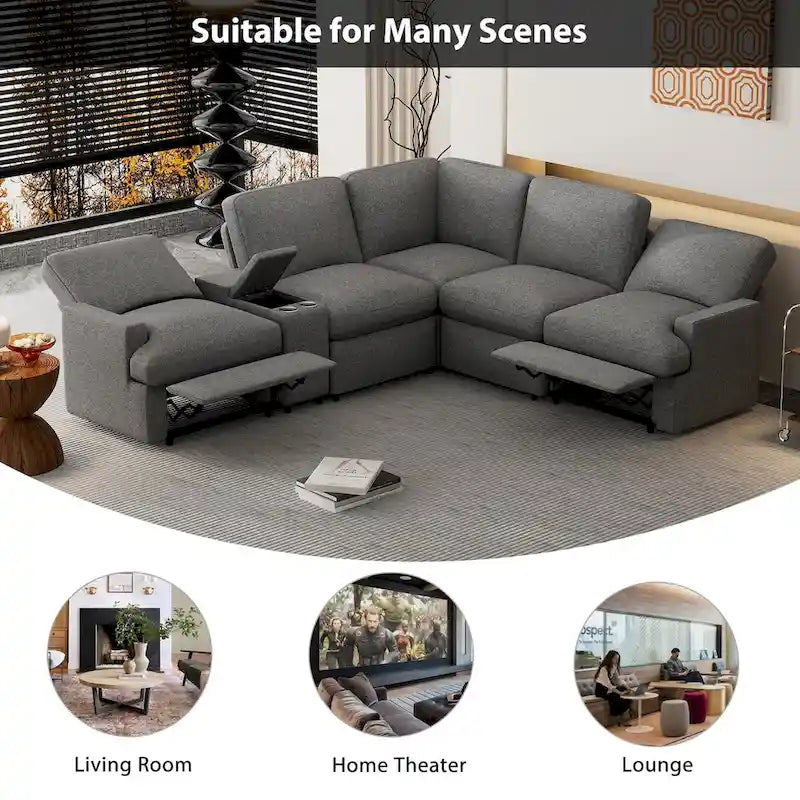 Divano componibile reclinabile elettrico a L grigio scuro/beige, 4 posti
