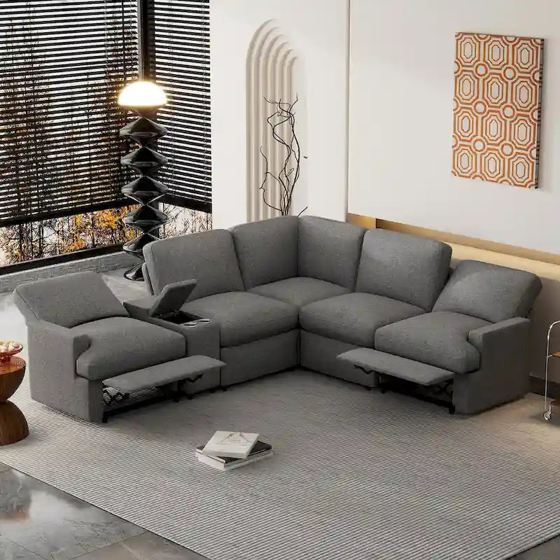 Divano componibile reclinabile elettrico a L grigio scuro/beige, 4 posti