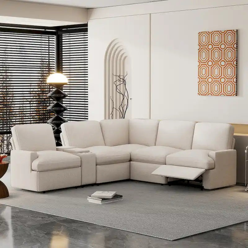 Divano componibile reclinabile elettrico a L grigio scuro/beige, 4 posti