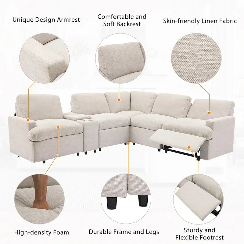 Divano componibile reclinabile elettrico a L grigio scuro/beige, 4 posti