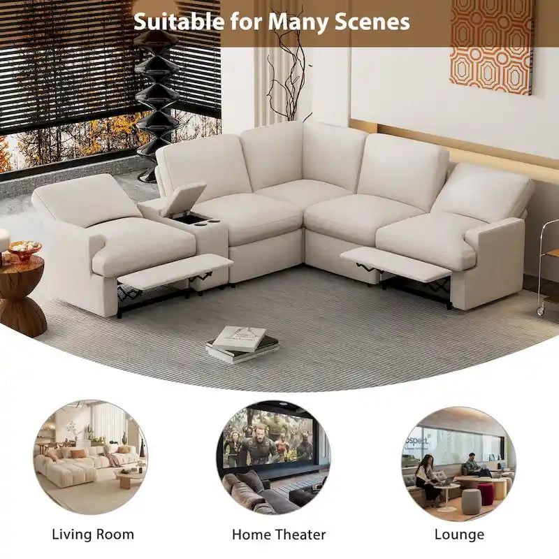 Divano componibile reclinabile elettrico a L grigio scuro/beige, 4 posti