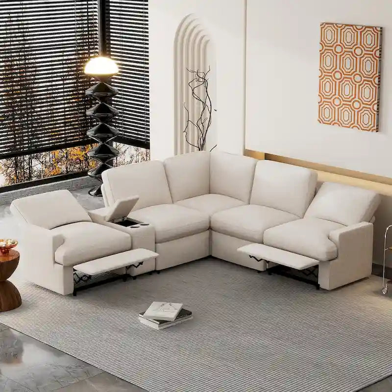 Divano componibile reclinabile elettrico a L grigio scuro/beige, 4 posti