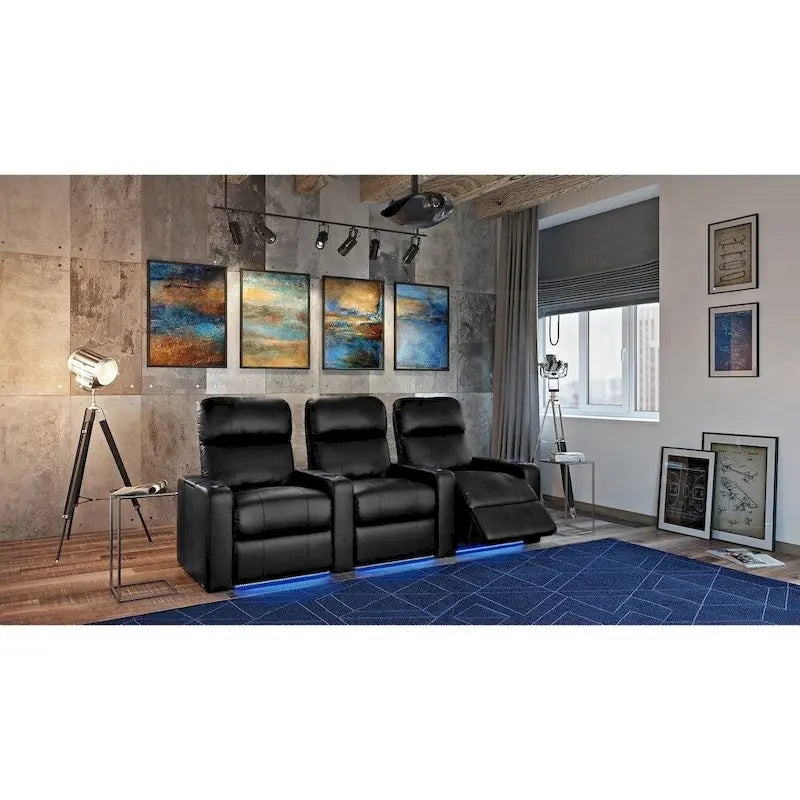 Poltrona reclinabile in pelle nera Black Power Home Theater, fila da 3