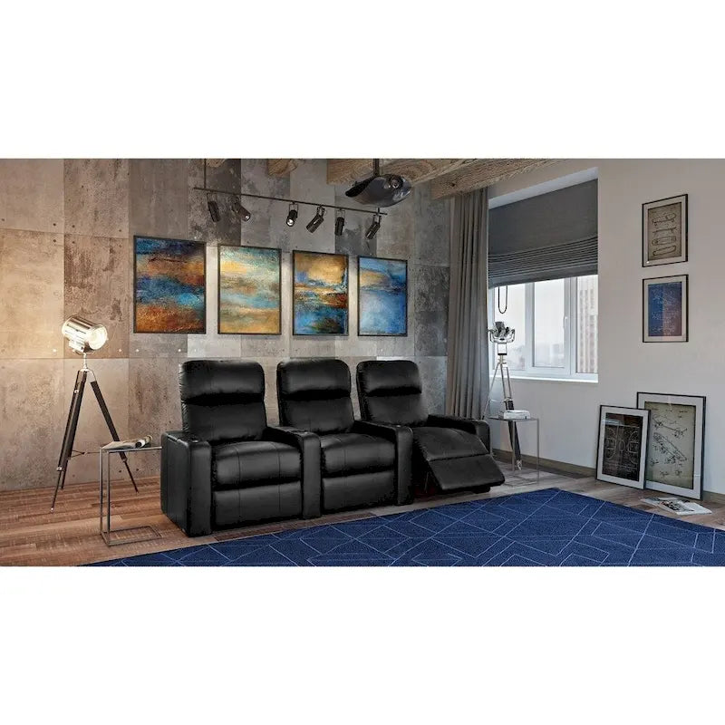 Poltrona reclinabile in pelle nera Black Power Home Theater, fila da 3