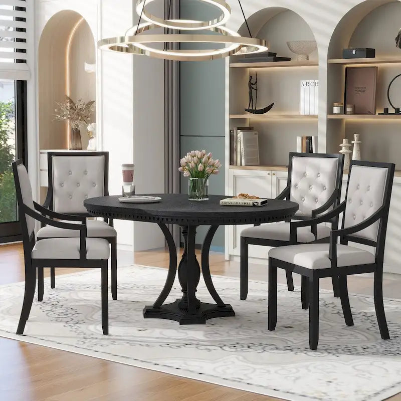 Grigio antico / Nero / Rovere e Bianco | Set da pranzo rotondo allungabile da 5 pezzi per 4 persone