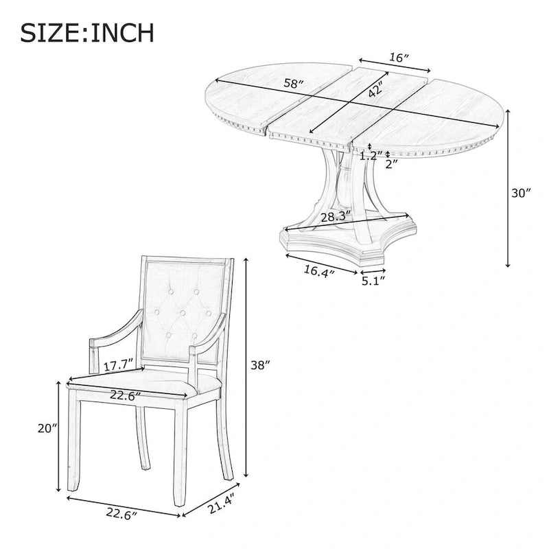 Grigio antico / Nero / Rovere e Bianco | Set da pranzo rotondo allungabile da 5 pezzi per 4 persone