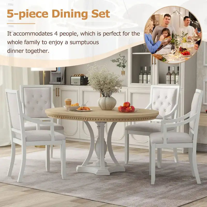 Grigio antico / Nero / Rovere e Bianco | Set da pranzo rotondo allungabile da 5 pezzi per 4 persone