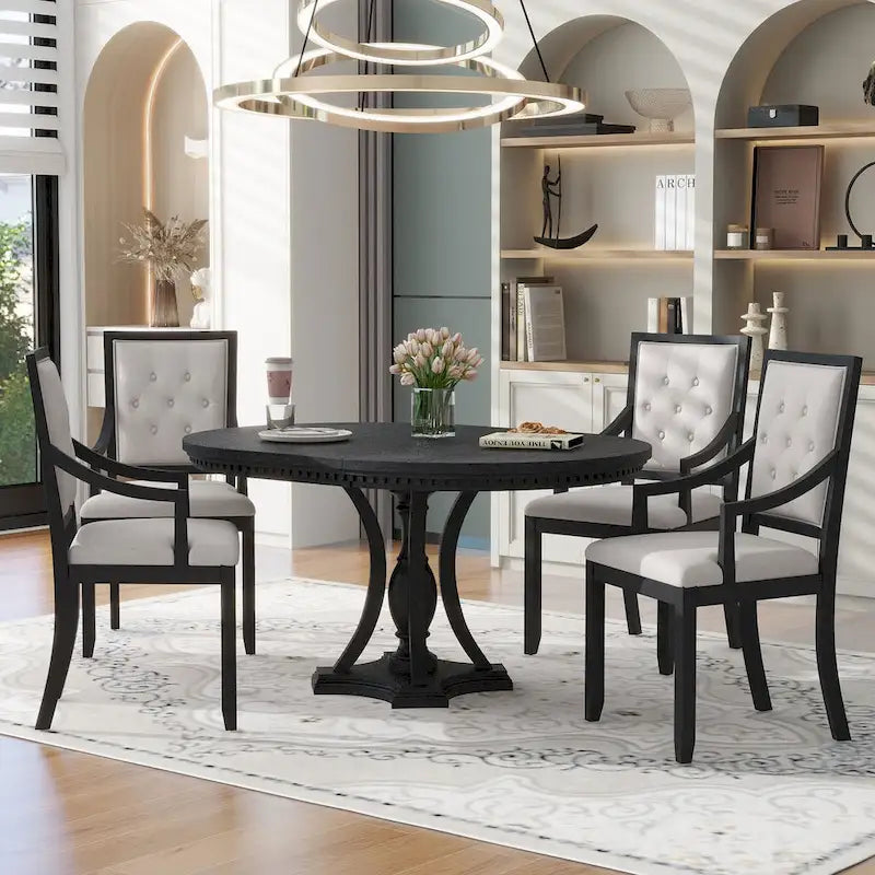 Grigio antico / Nero / Rovere e Bianco | Set da pranzo rotondo allungabile da 5 pezzi per 4 persone