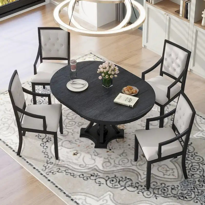 Grigio antico / Nero / Rovere e Bianco | Set da pranzo rotondo allungabile da 5 pezzi per 4 persone