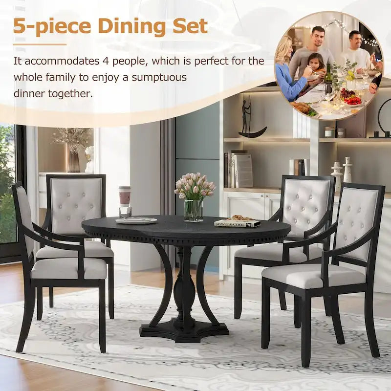 Grigio antico / Nero / Rovere e Bianco | Set da pranzo rotondo allungabile da 5 pezzi per 4 persone
