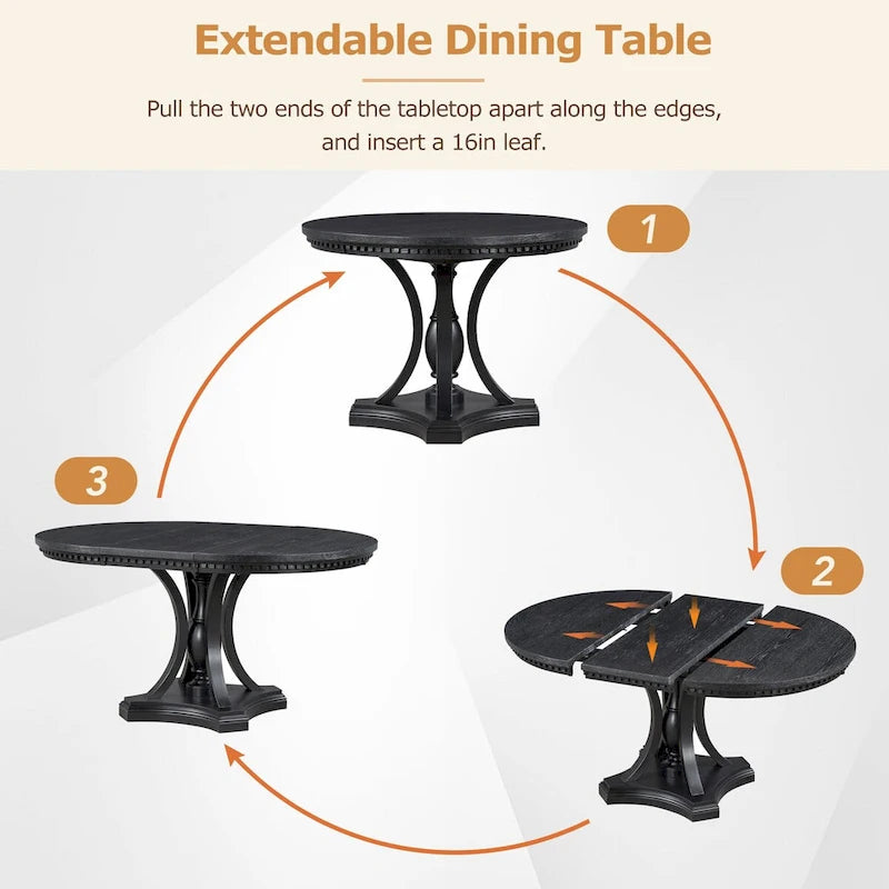 Grigio antico / Nero / Rovere e Bianco | Set da pranzo rotondo allungabile da 5 pezzi per 4 persone