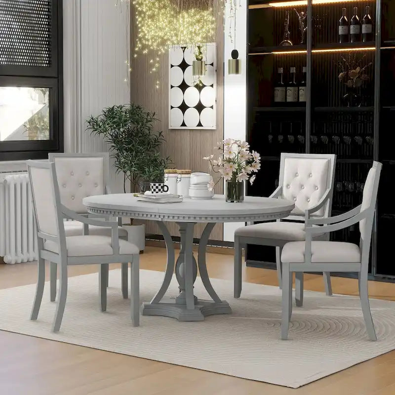 Grigio antico / Nero / Rovere e Bianco | Set da pranzo rotondo allungabile da 5 pezzi per 4 persone