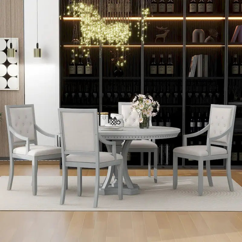Grigio antico / Nero / Rovere e Bianco | Set da pranzo rotondo allungabile da 5 pezzi per 4 persone