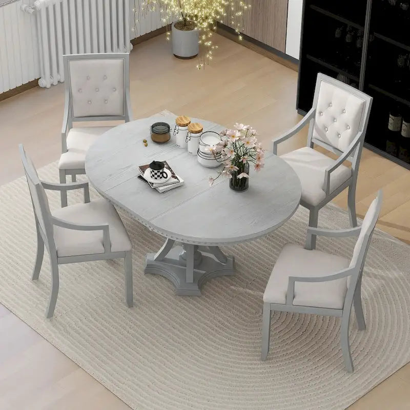 Grigio antico / Nero / Rovere e Bianco | Set da pranzo rotondo allungabile da 5 pezzi per 4 persone