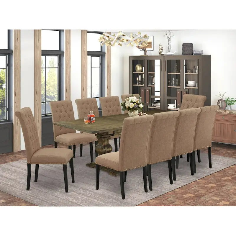 Set da pranzo 11 pezzi, noce/Jacobean, sedie in tessuto lino, 10 posti