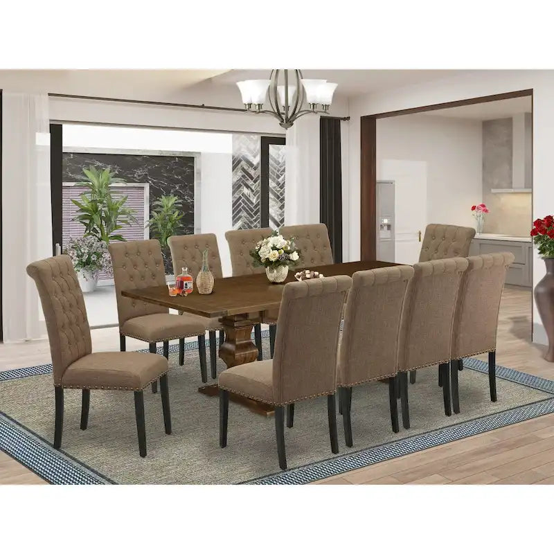 Set da pranzo 11 pezzi, noce/Jacobean, sedie in tessuto lino, 10 posti