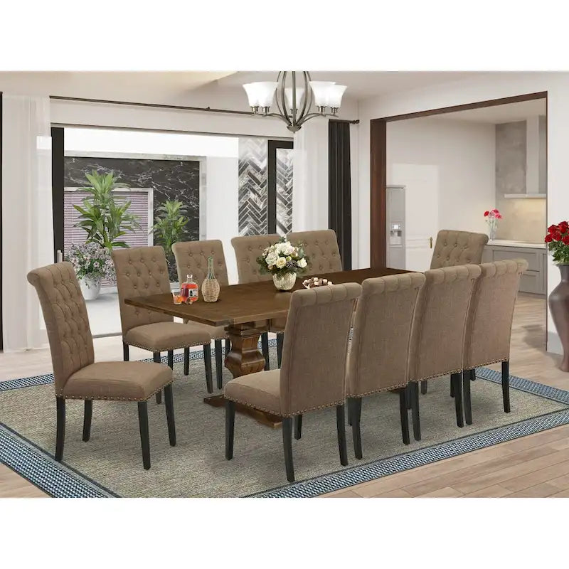 East West Furniture 11 Piece Dining Set- a Dining Table and 10 Light Sable Linen Fabric Chairs(Finish Options)