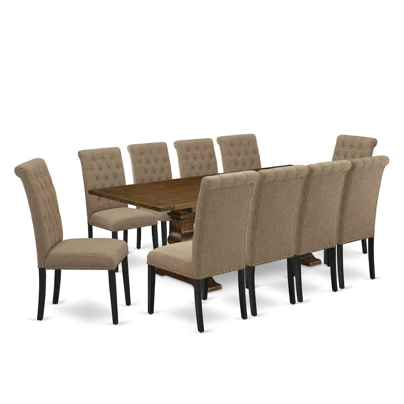 Set da pranzo 11 pezzi, noce/Jacobean, sedie in tessuto lino, 10 posti