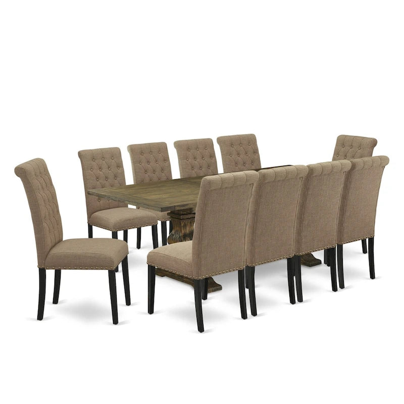 Set da pranzo 11 pezzi, noce/Jacobean, sedie in tessuto lino, 10 posti