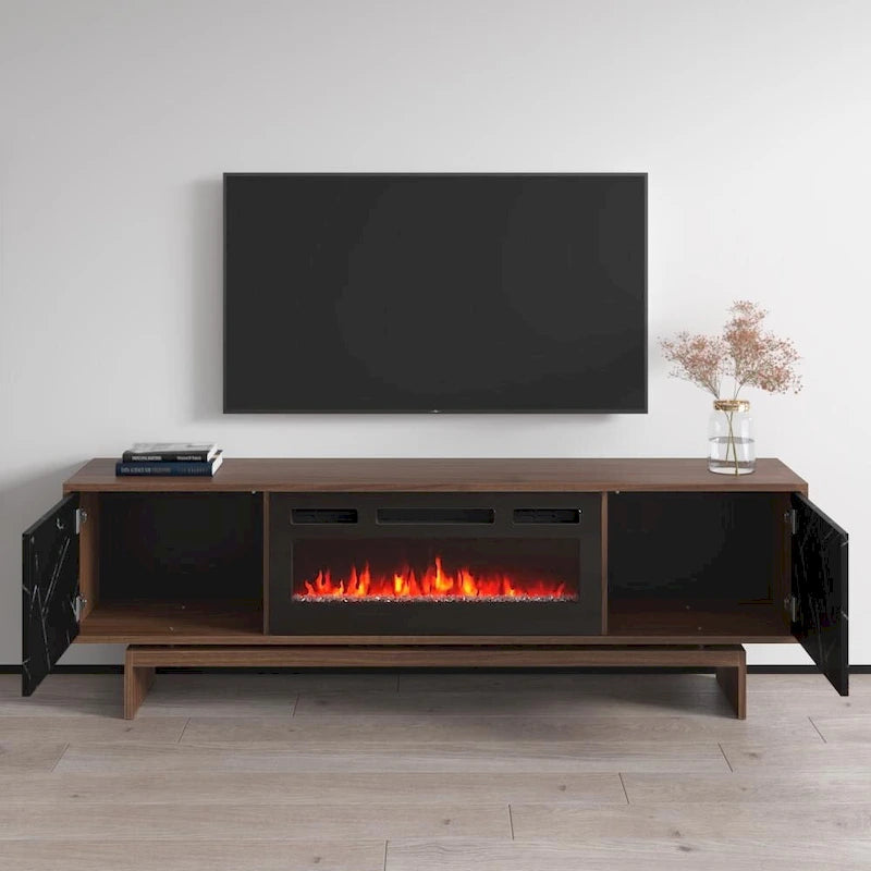 Mobile TV con Camino Elettrico Effetto Noce, Stile Moderno, Adatto per TV fino a 80", 2 Opzioni di Colore