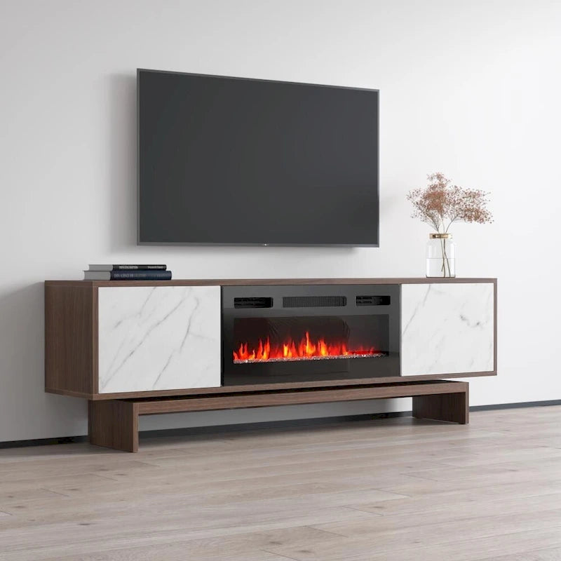 Mobile TV con Camino Elettrico Effetto Noce, Stile Moderno, Adatto per TV fino a 80", 2 Opzioni di Colore