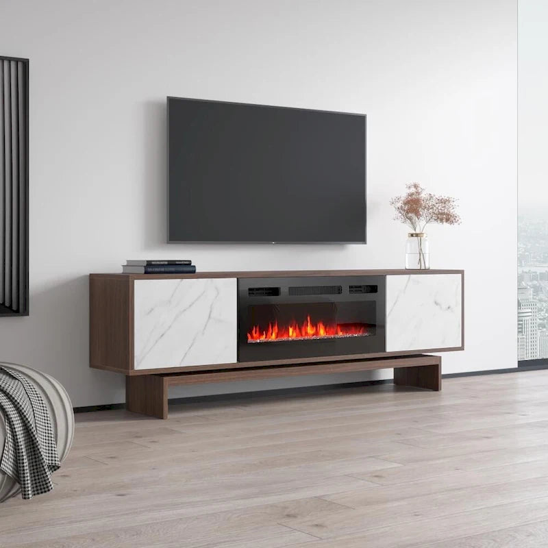 Mobile TV con Camino Elettrico Effetto Noce, Stile Moderno, Adatto per TV fino a 80", 2 Opzioni di Colore