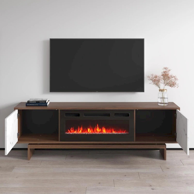 Mobile TV con Camino Elettrico Effetto Noce, Stile Moderno, Adatto per TV fino a 80", 2 Opzioni di Colore