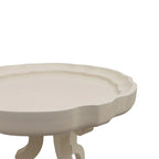 Tavolino rotondo in legno naturale, piano a vassoio smerlato, gambe curve, singolo