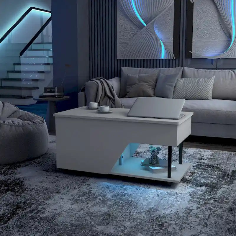 Tavolino da caffè sollevabile nero con luci LED RGB e ripiano regolabile – 1 persona