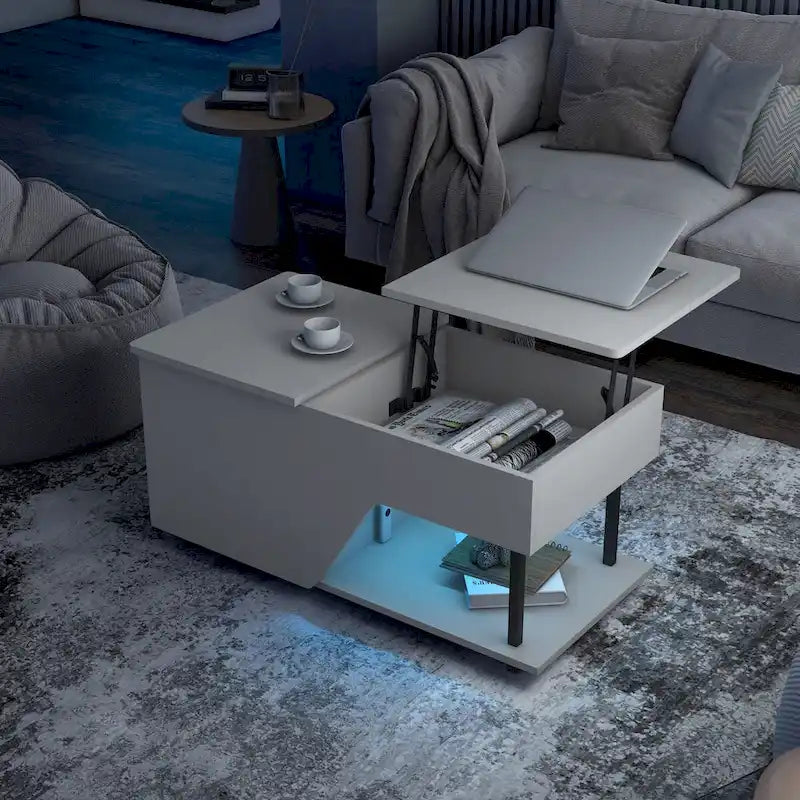 Tavolino da caffè sollevabile nero con luci LED RGB e ripiano regolabile – 1 persona