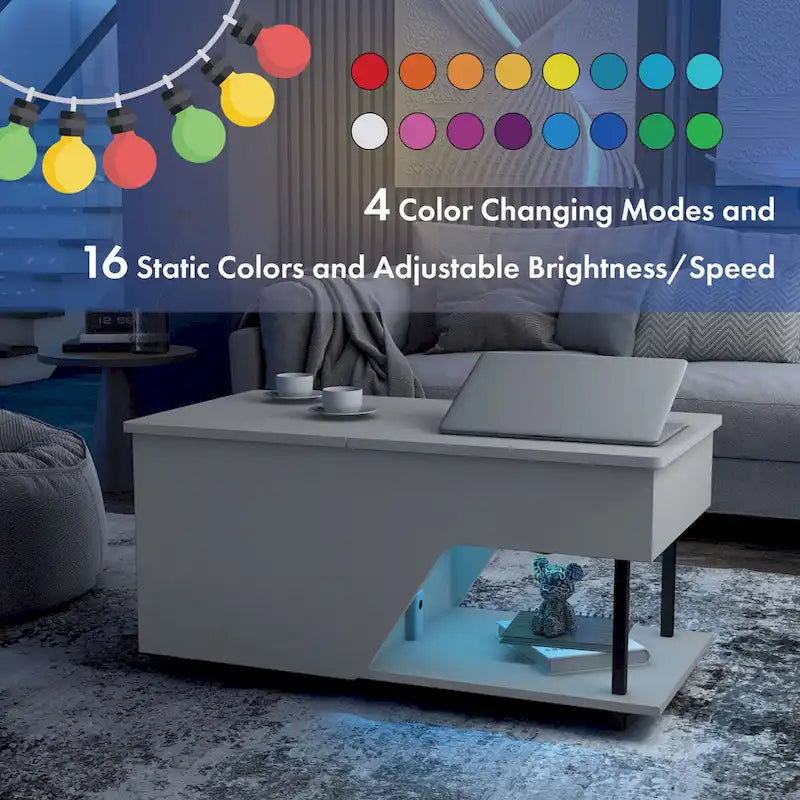 Tavolino da caffè sollevabile nero con luci LED RGB e ripiano regolabile – 1 persona