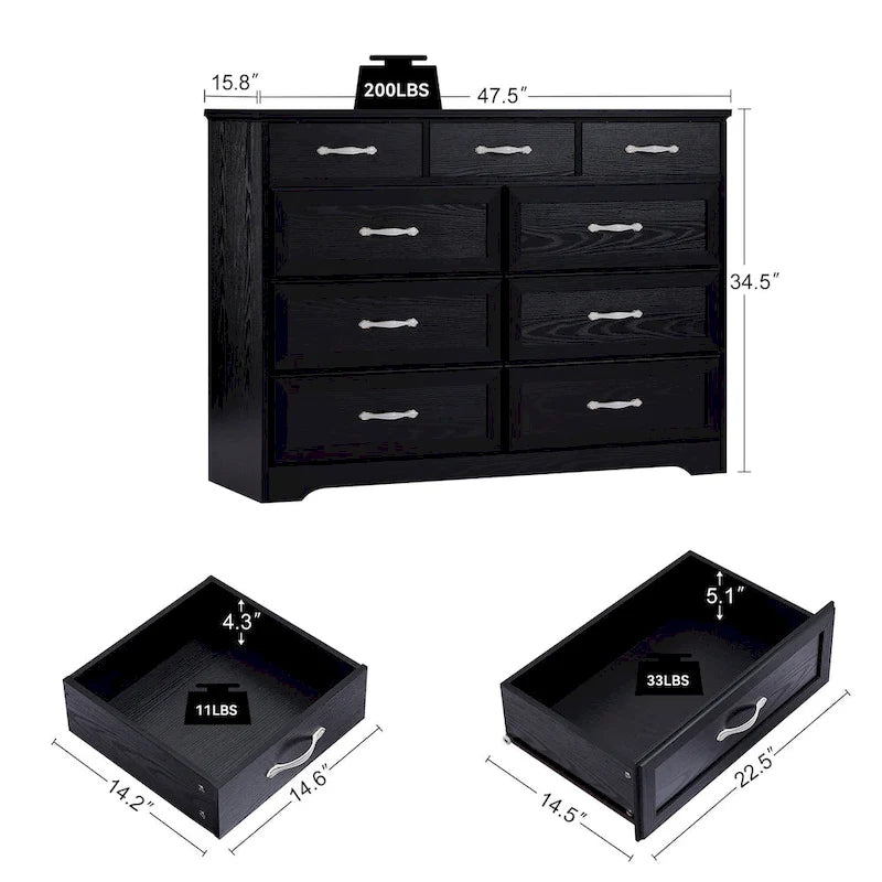 Cassettiera a 9 cassetti bianca e nera, stile porta a battente