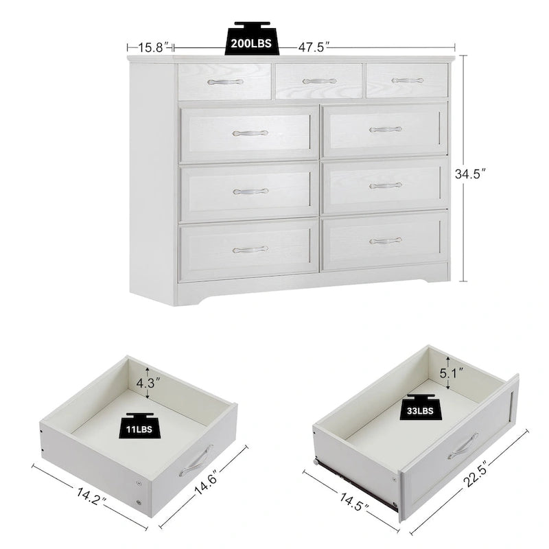 Cassettiera a 9 cassetti bianca e nera, stile porta a battente